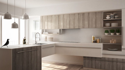 Fototapeta na wymiar Modern minimalistic wooden kitchen with parquet floor, carpet and panoramic window, white architecture interior design