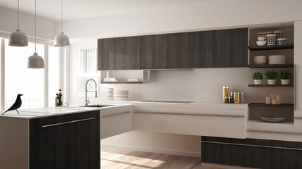 Fototapeta na wymiar Modern minimalistic wooden kitchen with parquet floor, carpet and panoramic window, white and gray architecture interior design