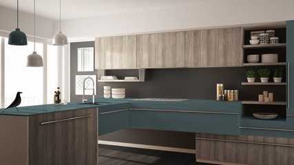 Modern minimalistic wooden kitchen with parquet floor, carpet and panoramic window, gray and blue architecture interior design