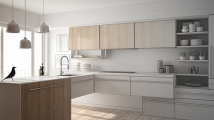 Unfinished project of modern minimalistic kitchen with parquet floor, carpet and panoramic window, architecture interior design