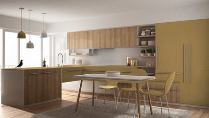Modern minimalistic wooden kitchen with dining table, carpet and panoramic window, white and yellow architecture interior design
