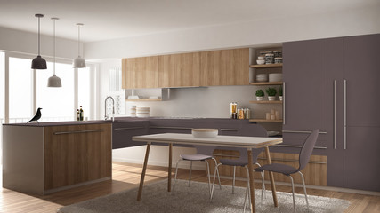 Modern minimalistic wooden kitchen with dining table, carpet and panoramic window, white and violet architecture interior design