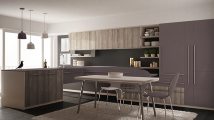 Modern minimalistic wooden kitchen with dining table, carpet and panoramic window, gray and violet architecture interior design