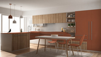 Modern minimalistic wooden kitchen with dining table, carpet and panoramic window, white and red architecture interior design