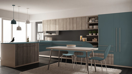 Modern minimalistic wooden kitchen with dining table, carpet and panoramic window, gray and blue architecture interior design