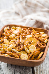 Mixed salty snack crackers and pretzels.