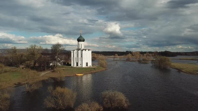 Church of the Intercession on the Nerl. Vladimir region, Russia. Aerial view spring landscape