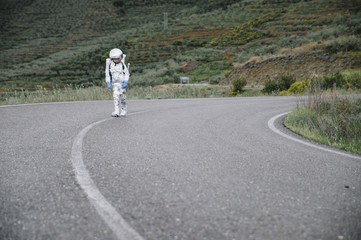 Fototapeta premium Little boy happy playing to become an astronaut