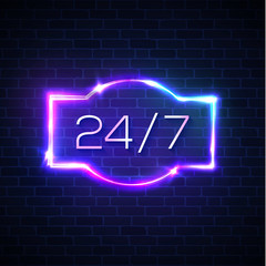 Open sign 24/7 hours. Neon light round the clock store frame on brick wall background. 24 Hours night club or bar neon signage. Day and night concept banner. Bright color techno vector illustration.