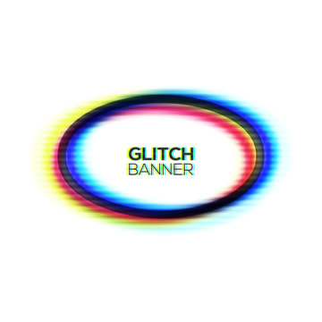 Abstract glitch texture oval frame. Geometric style art. Distorted modern ellipse background with glitch effect. Broken glitched round ring with rgb cmyk colors channel. Color vector illustration.