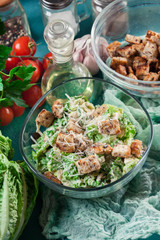 Healthy caesar salad with cheese and croutons