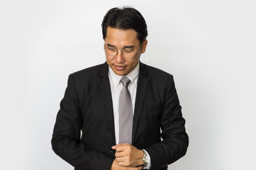 Young businessmen make gestures on a white background.