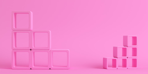 Empty square shelfs on bright pink background in pastel colors