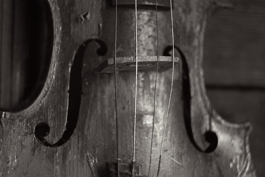 Close Up Of An Old Violin, Black And White