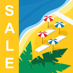 Sun umbrellas and sunbeds on the yellow sand in isometric. Vector illustration contains Golden beach and blue ocean, palm tree leaves.Sale concept