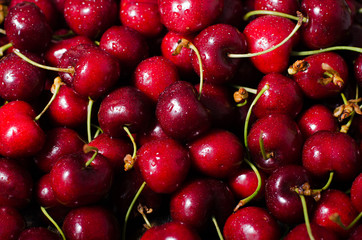 Cherry background. Fresh juicy cherries on wooden background, top view. Free space for your text