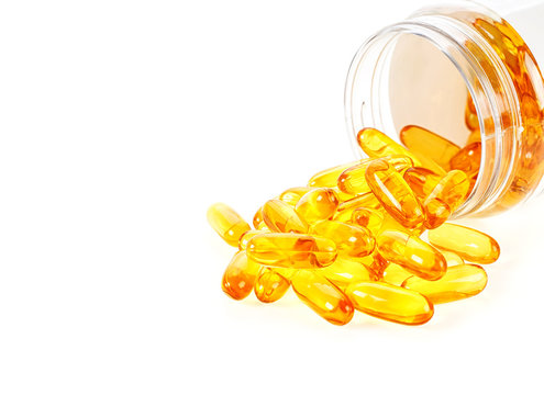 Bottle of Omega 3 capsules from Fish Oil on white background