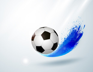 Black and white soccer ball with creative blue design elements. Football modern banner.