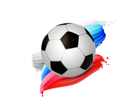 Black and white soccer ball with creative red and blue design elements. Football modern banner.
