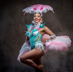 Beautiful girl in a sumptuous carnival feather suit.