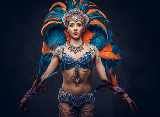 Studio portrait of a sexy female in a colorful sumptuous carnival feather suit. Isolated on a dark...
