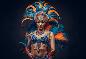 Studio portrait of a sexy female in a colorful sumptuous carnival feather suit. Isolated on a dark background.