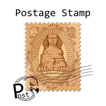 Egypt Postage Stamp on white background. egyptian sphinx stamp. Monument in egypt. Vector graphics to design.
