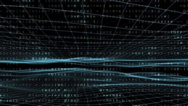 Abstract programming code with letters and symbols on wavy artistic motion background. 