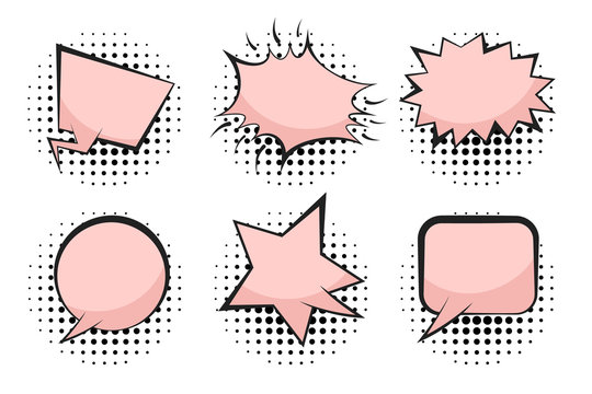 Set of cute pink retro comic speech bubbles with black halftone shadow in pop art style. Peach color outline message balloons for comics book or advertising text, web and banner design