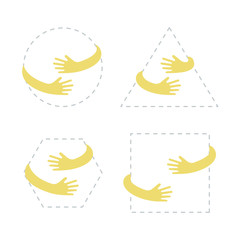 Geometric shapes with hand embrace. Logo with hug. Vector illustration