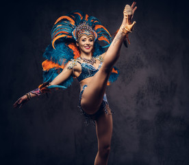 Studio portrait of a sexy female in a colorful sumptuous carnival feather suit. Isolated on a dark...