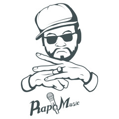 Rap music logo. Rapper skull on white background. Lettering with a microphone. Vector graphics to design.