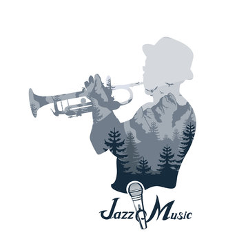 Jazz player with trumpet. Images of the musician double exposure. Trumpet player. Lettering with a microphone. Vector graphics to design.