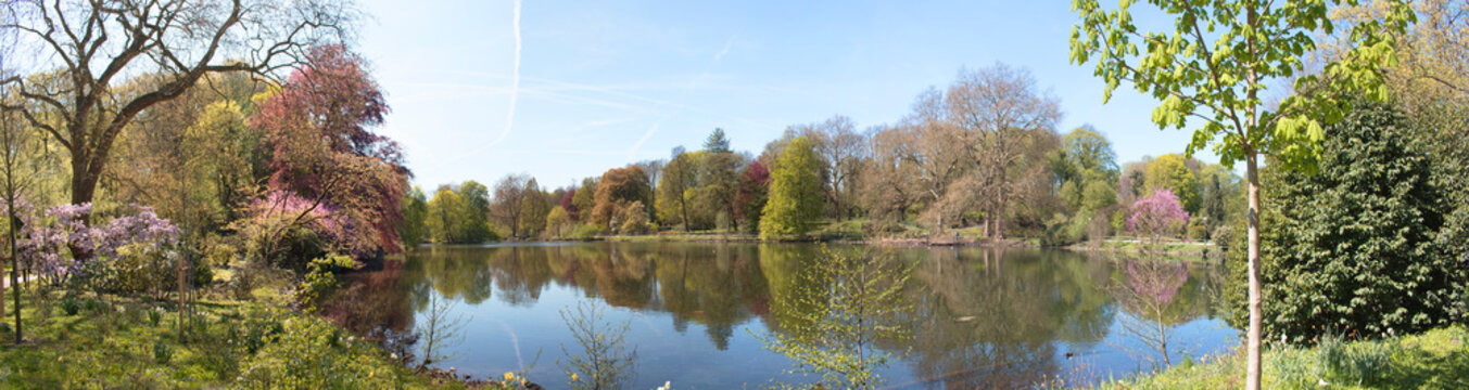 Panorama of the Lake at Dortmund Romberg Park botanical garden during april
