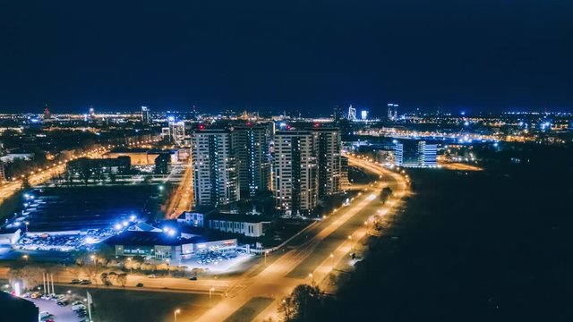 Timelapse Night houses in Riga city Drone hpperlapse, Panorama