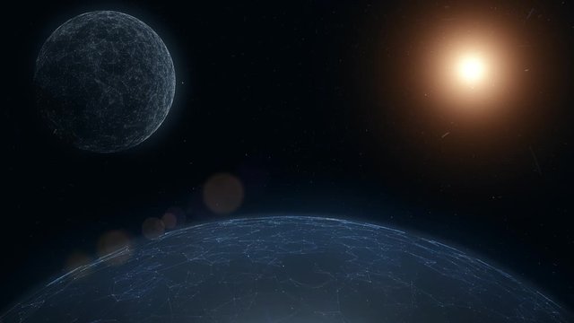 Futuristic planets motion with sun light and space dust in the universe. 