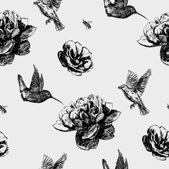 Flowers roses, peonies and dog rose, bird and butterflies.