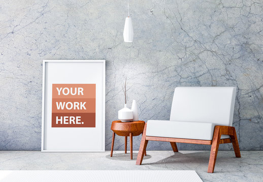 White Framed Poster with Contemporary Furniture Mockup