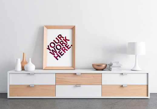 Wooden Frame Poster with Contemporary Furniture Mockup
