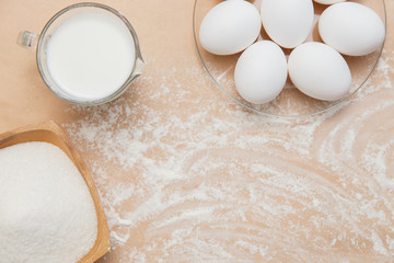 Ingridients for preparation of bakery dough on the crafted background
