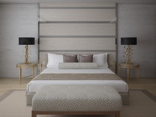 Modern bedroom with a stylish interior and a large comfortable bed.