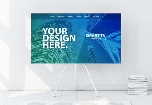 Smart TV on Metal Stand in Modern White Interior Mockup