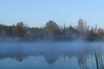 A quiet lake in the early morning, reflected in the water of trees and sky.
