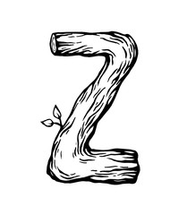 Black engraving Letter Z made of wood with leaves on the white background