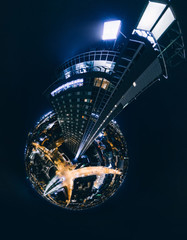 Sphere Planet Night houses in Riga city, Hotel, Latvia 360 VR Drone picture for Virtual reality, Panorama