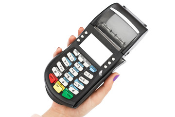 Isolated shot of unrecognziable person holds POS terminal for payment without cash, using plastic card, white background. Payment terminal. E commerce concept
