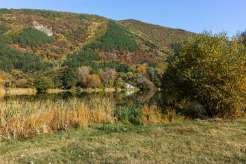 Fototapeta na wymiar Amazing Autumn Landscape of Pancharevo lake, Sofia city Region, Bulgaria