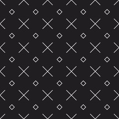 Memphis style seamless vector pattern with X shape and squares. Decorative texture with geometric shapes. Repeated minimal backdrop. Monochrome design elements. - 203305776