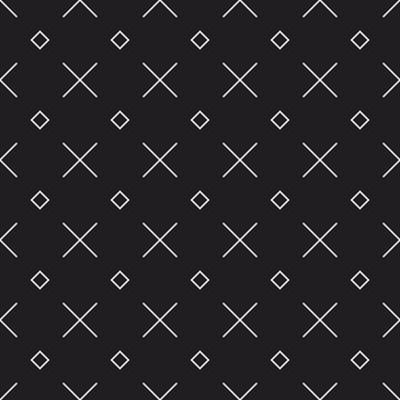 Memphis Style Seamless Vector Pattern With X Shape And Squares. Decorative Texture With Geometric Shapes. Repeated Minimal Backdrop. Monochrome Design Elements.