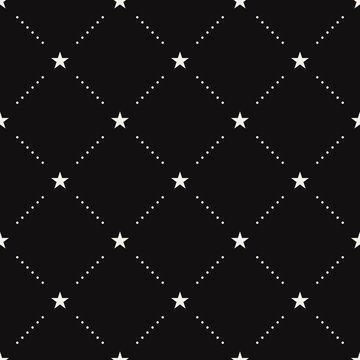 Seamless vector pattern with diagonal grids, stars and dots. Simple black and white background. Elegant repeat texture. Stylish concept.